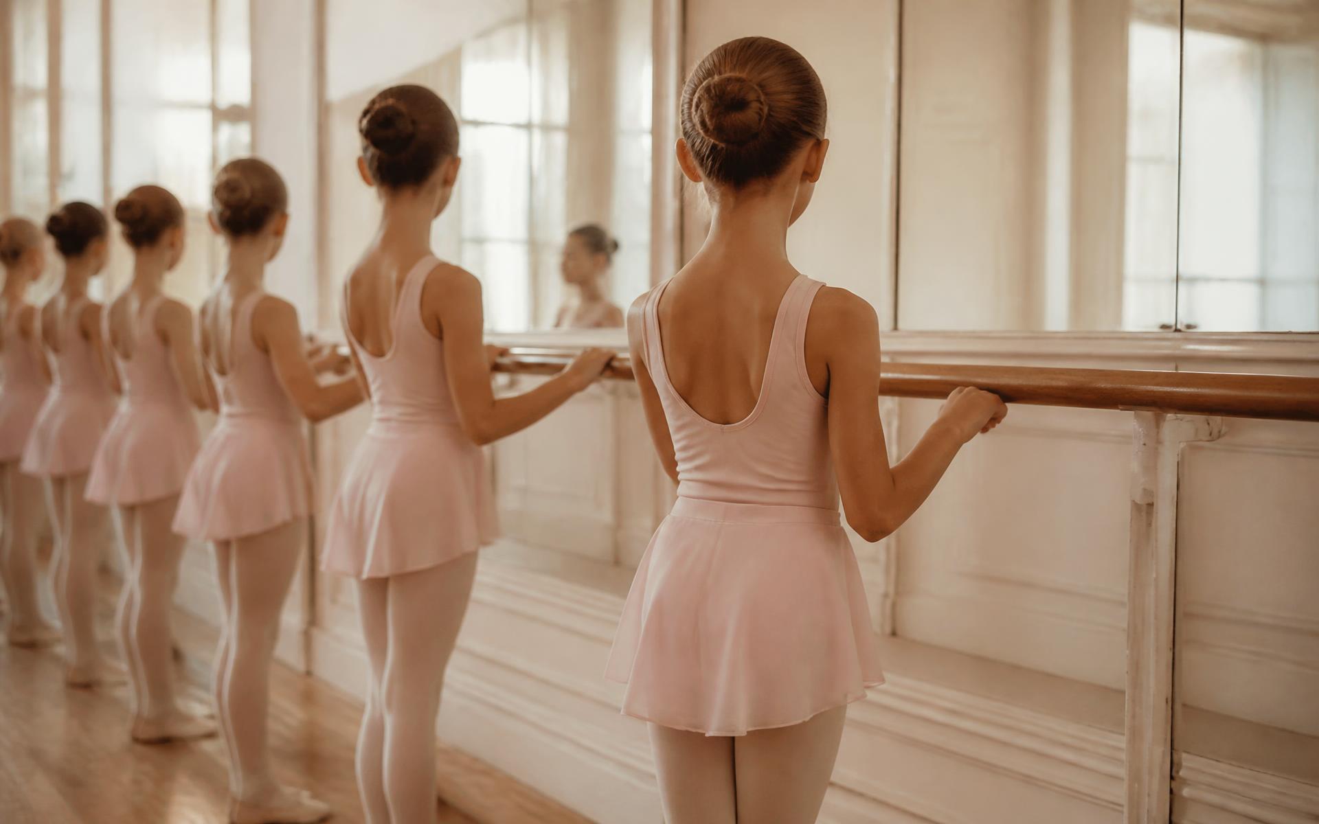 Bailarinas na barra durante aula na Escola de Ballet Helly Batista
